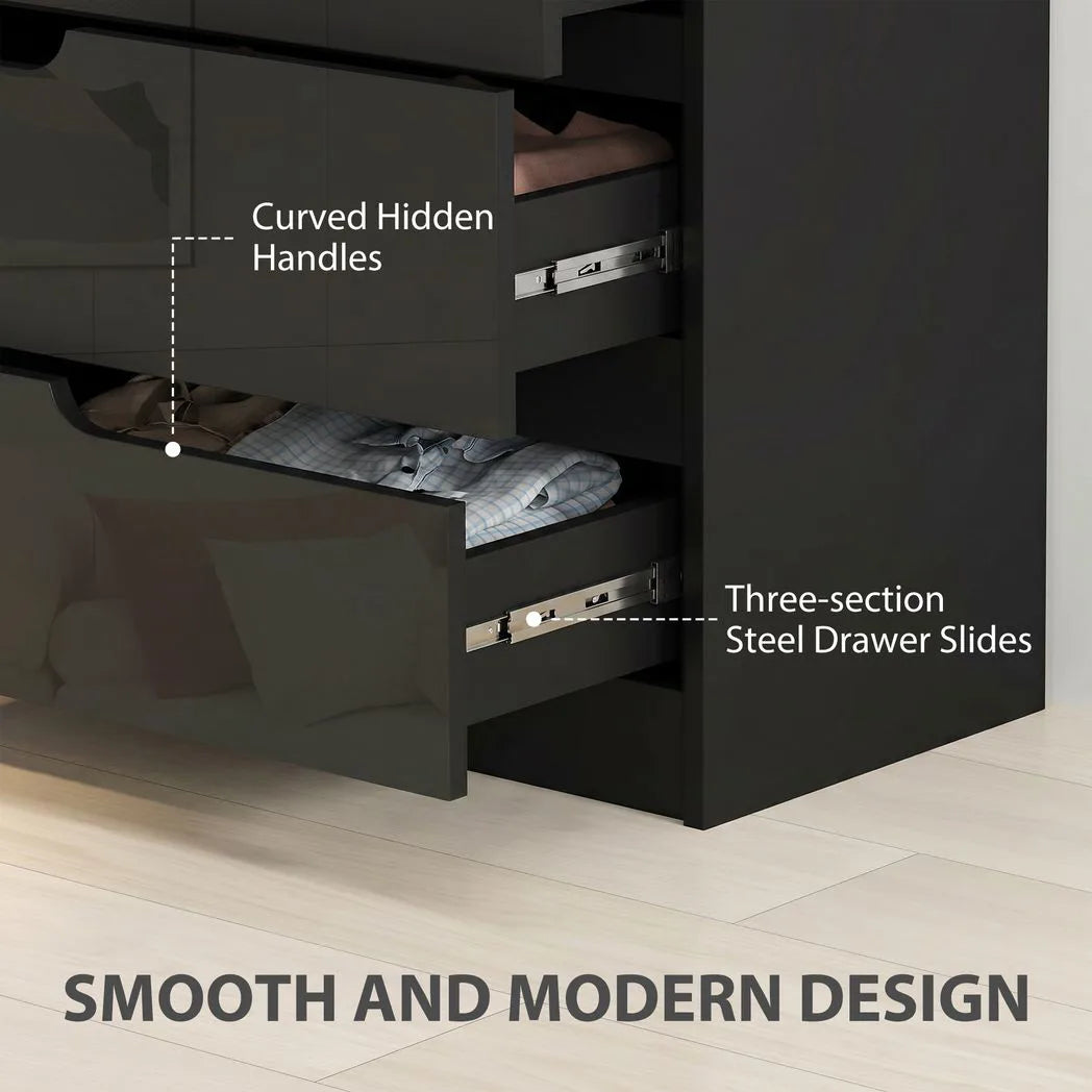 HOMCOM Four-Drawer Chest of Drawers with High Gloss Fronts and Hidden Handles – Bedroom Storage Dresser, Black