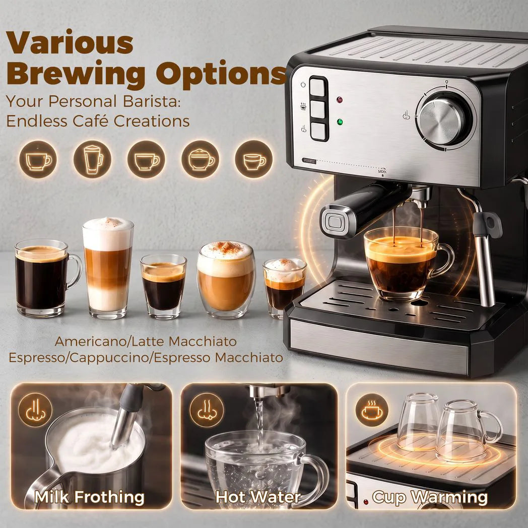 HOMCOM 20-Bar Semi-Automatic Espresso Machine with Frother Wand and 1.6 L Water Tank – Cappuccino Maker, Black