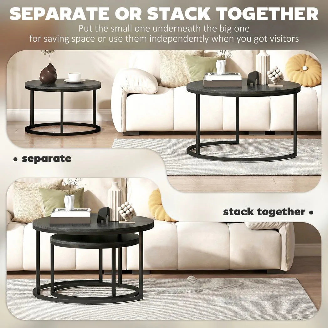 HOMCOM Set of 2 Round Nesting Coffee Tables with Wood-Effect Top & Steel Frame – Stacking Side Tables, Black
