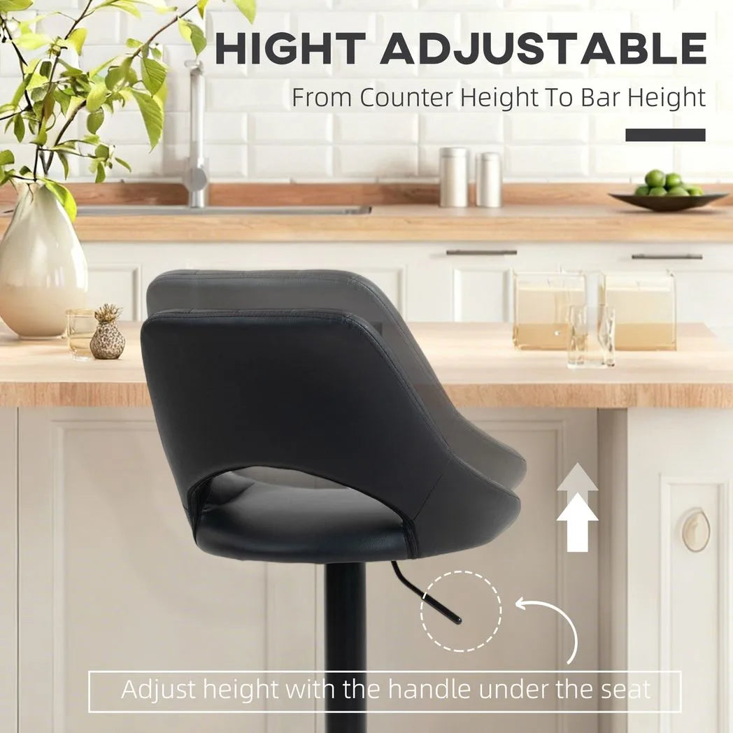 HOMCOM Set of 2 Faux Leather Bar Stools with Padded Seat and 360° Swivel – Adjustable Height, Black