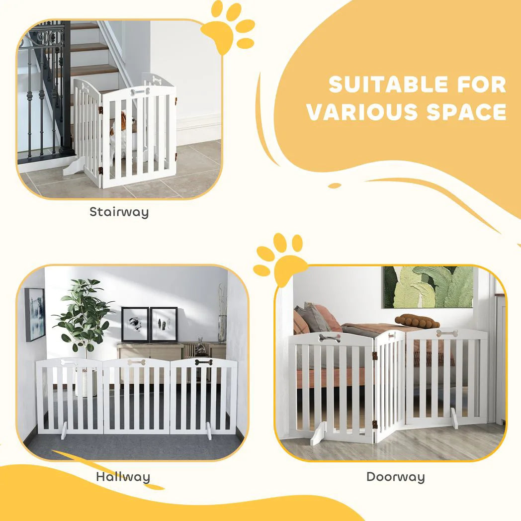 PawHut Freestanding Wooden Dog Gate with Support Feet – 155cm Foldable Three-Panel Barrier, White