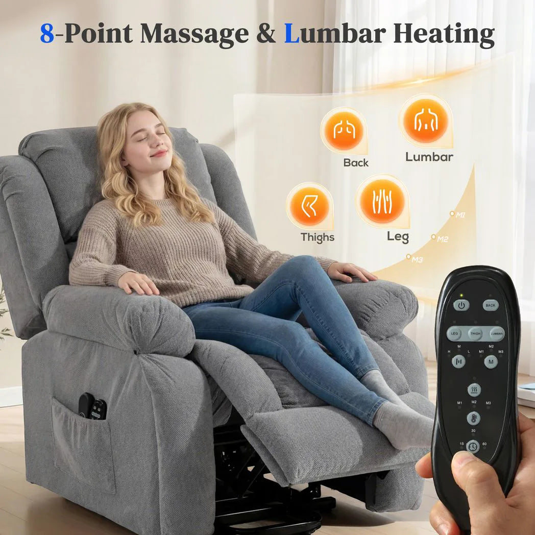 HOMCOM Electric Lift Recliner Chair with Vibration Massage, Heat and USB Port – Wide Seat, Light Grey