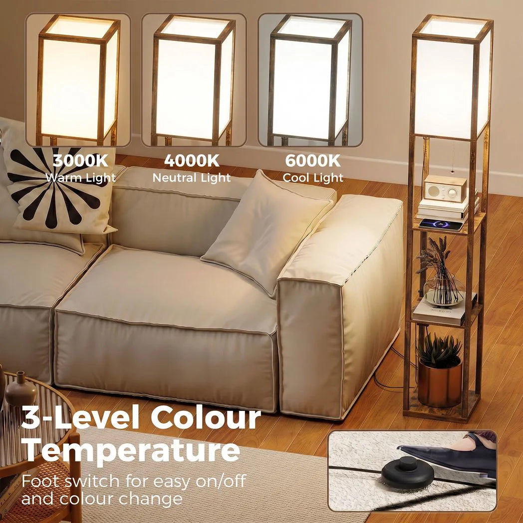 HOMCOM 4-Tier Shelf Floor Lamp with USB Ports – Rustic Brown