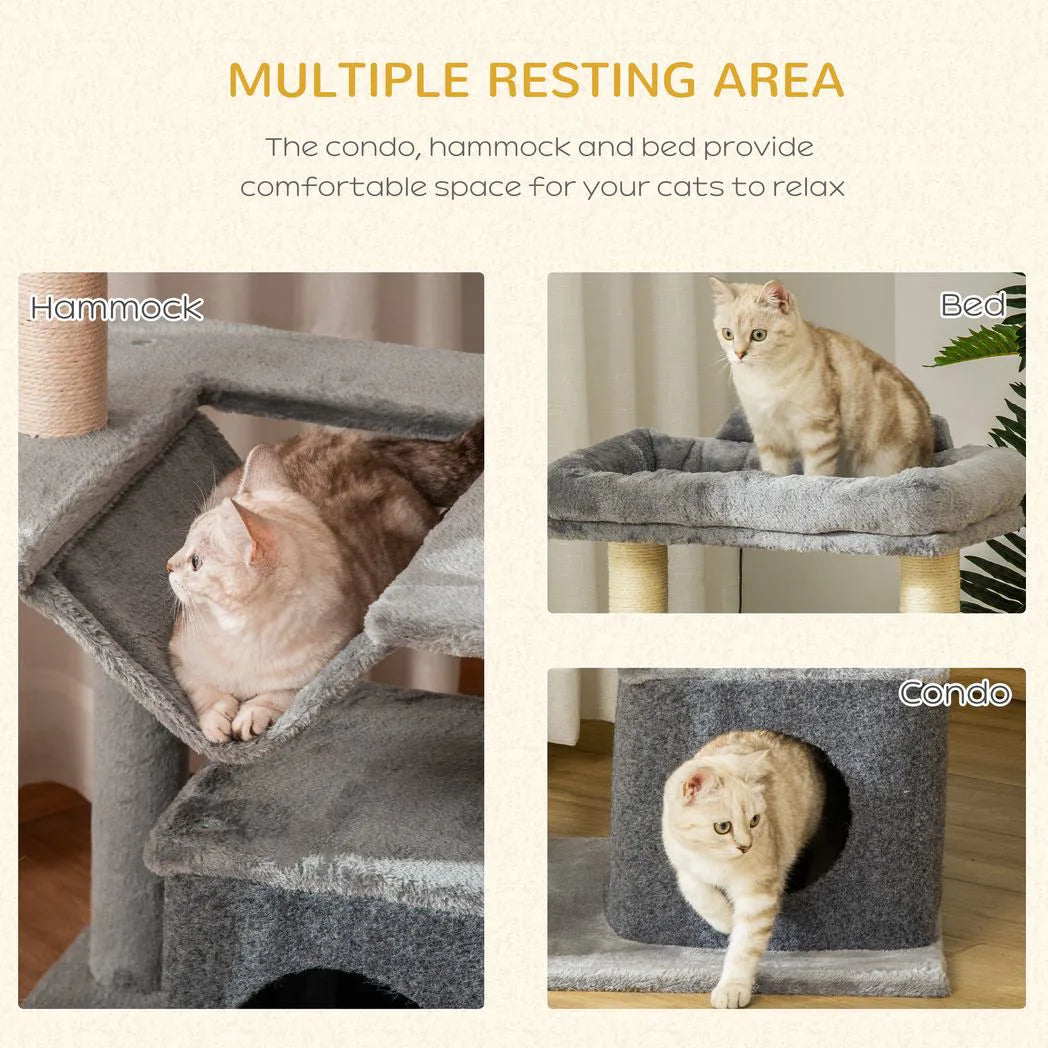 PawHut 90cm Cat Tree with Sisal Posts, Condo, Hammock & 2 Hanging Toys – Indoor Cat Tower, Grey