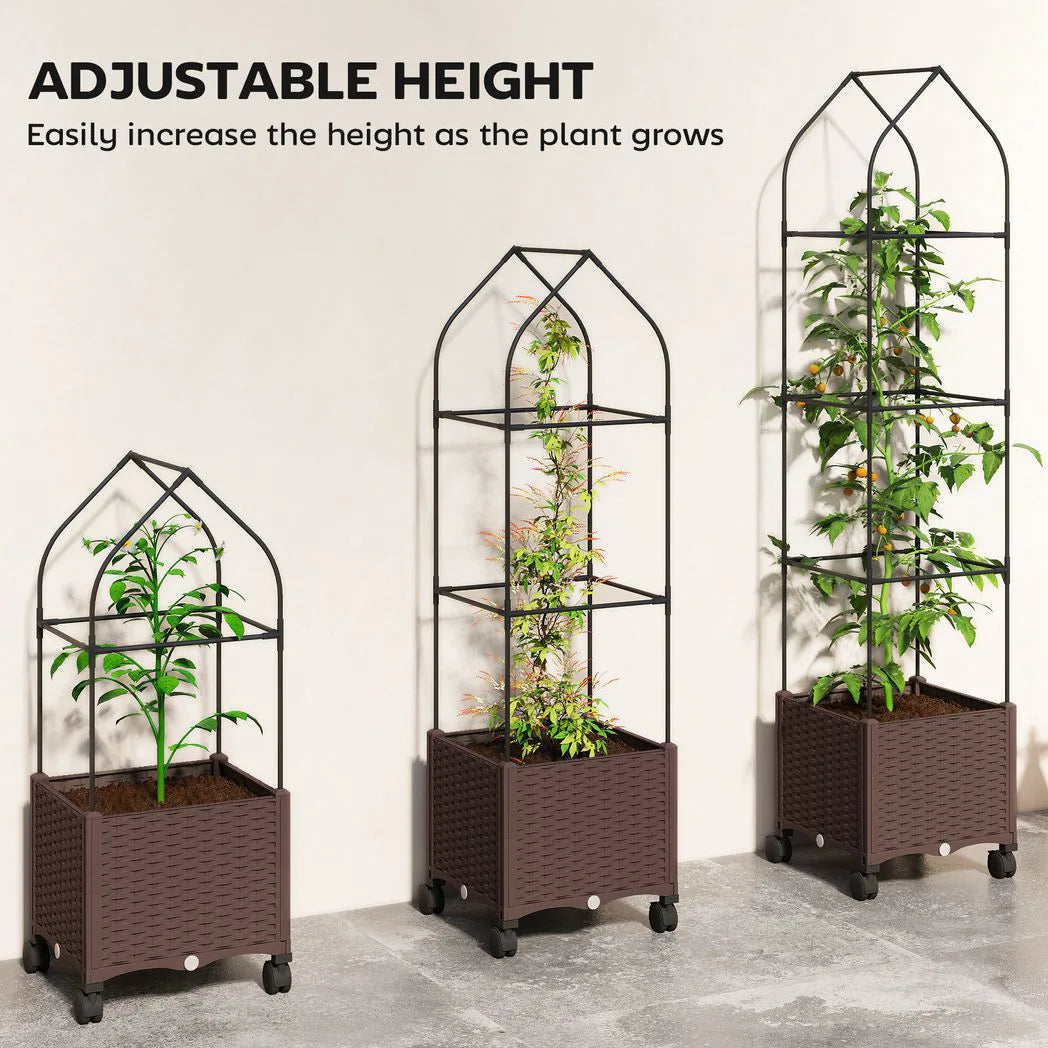 Outsunny Self-Watering Raised Garden Bed with Trellis & Lockable Wheels – 40 x 40 x 182cm, Brown
