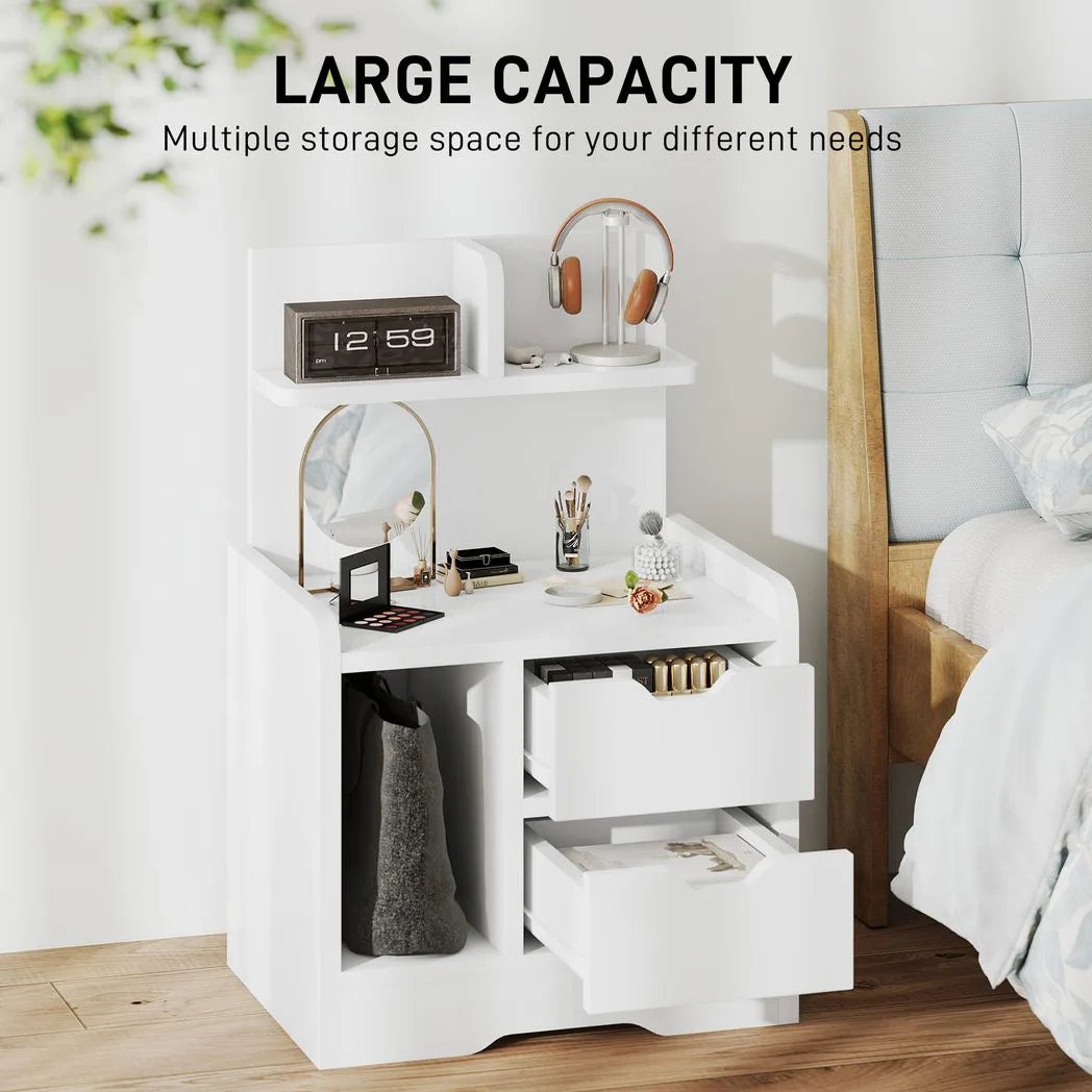 HOMCOM Bedside Table with 2 Drawers and Open Shelves – Cut-Out Handles, High Gloss White Nightstand