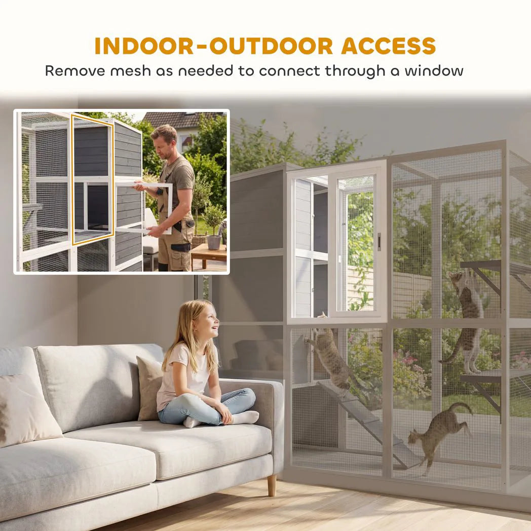 PawHut 4-Tier Wooden Catio Outdoor Cat Enclosure with Sun Roof, Resting Rooms, 3 Platforms & Window, Grey