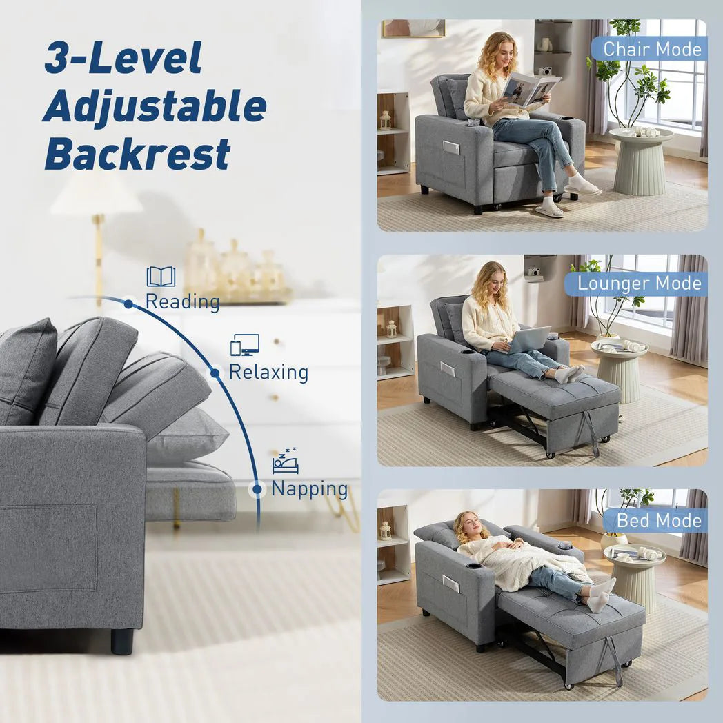 HOMCOM 3-in-1 Single Sofa Bed with Three-Level Back, Cup Holders and Pillow – Convertible Sleeper Chair Bed, Dark Grey