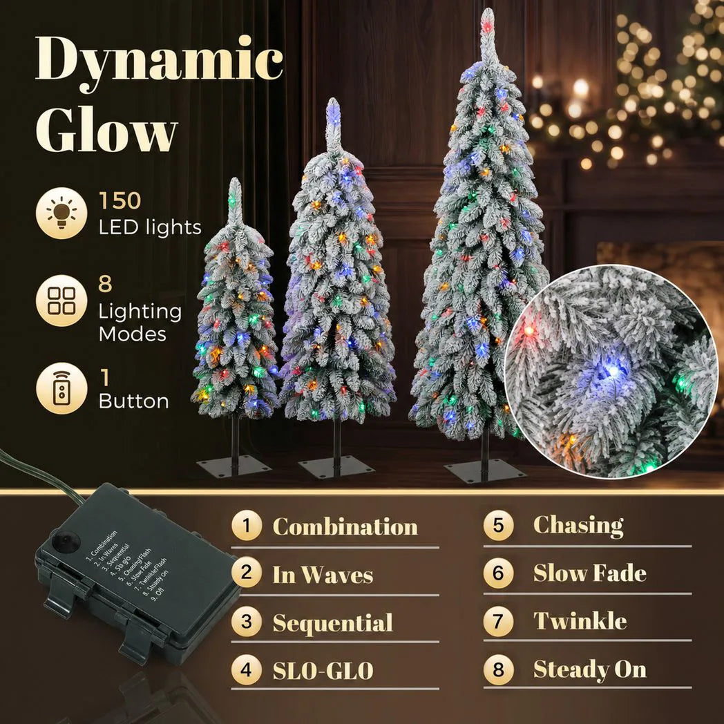 HOMCOM Set of 3 Snowy Pre-Lit Pencil Christmas Trees, 90, 120 and 150 cm, Multicolour Lights