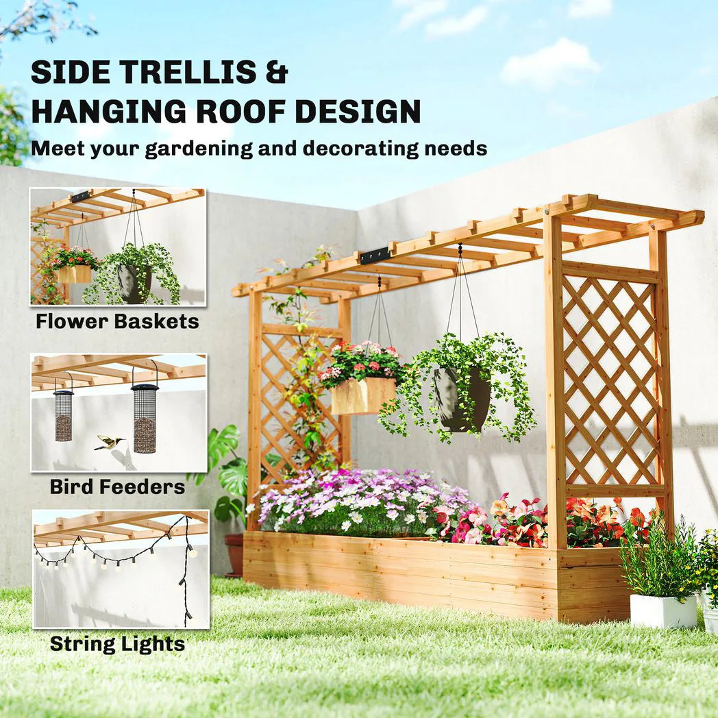 Outsunny Wooden Raised Planter with Trellis, Hanging Roof and 8 Drainage Holes – Fir Wood Garden Bed