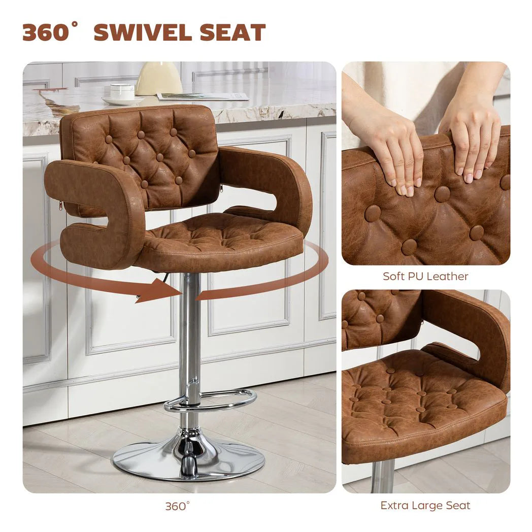 HOMCOM PU Leather Swivel Bar Stool with Back, Armrest and Footrest – Height Adjustable, Brown