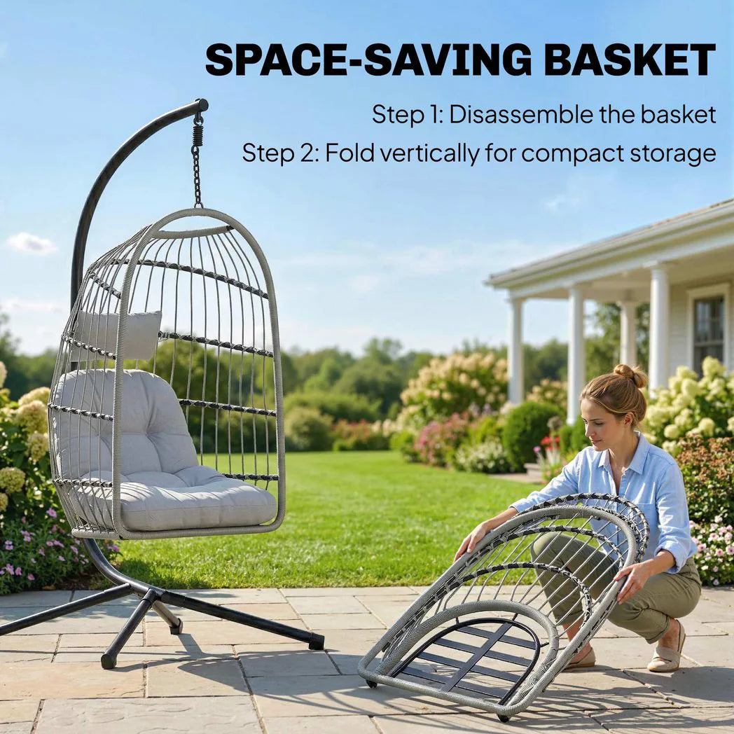 Outsunny Hanging Egg Chair with Stand – Indoor Outdoor Swing Chair with Foldable Basket, Cushions & Safety Strap, Light Grey