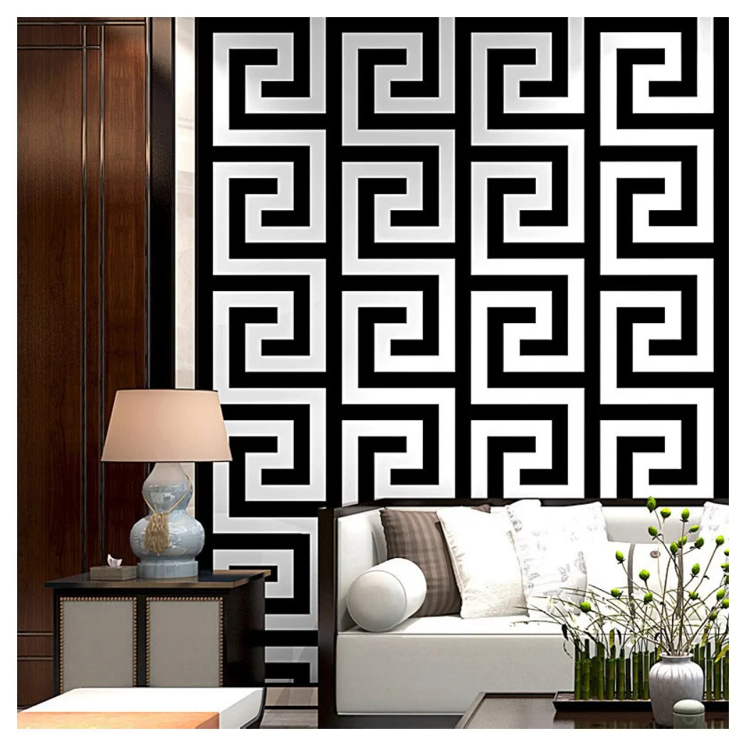 Debona Athena Greek Key Metallic Glitter Wallpaper, White and Black – 10m Roll