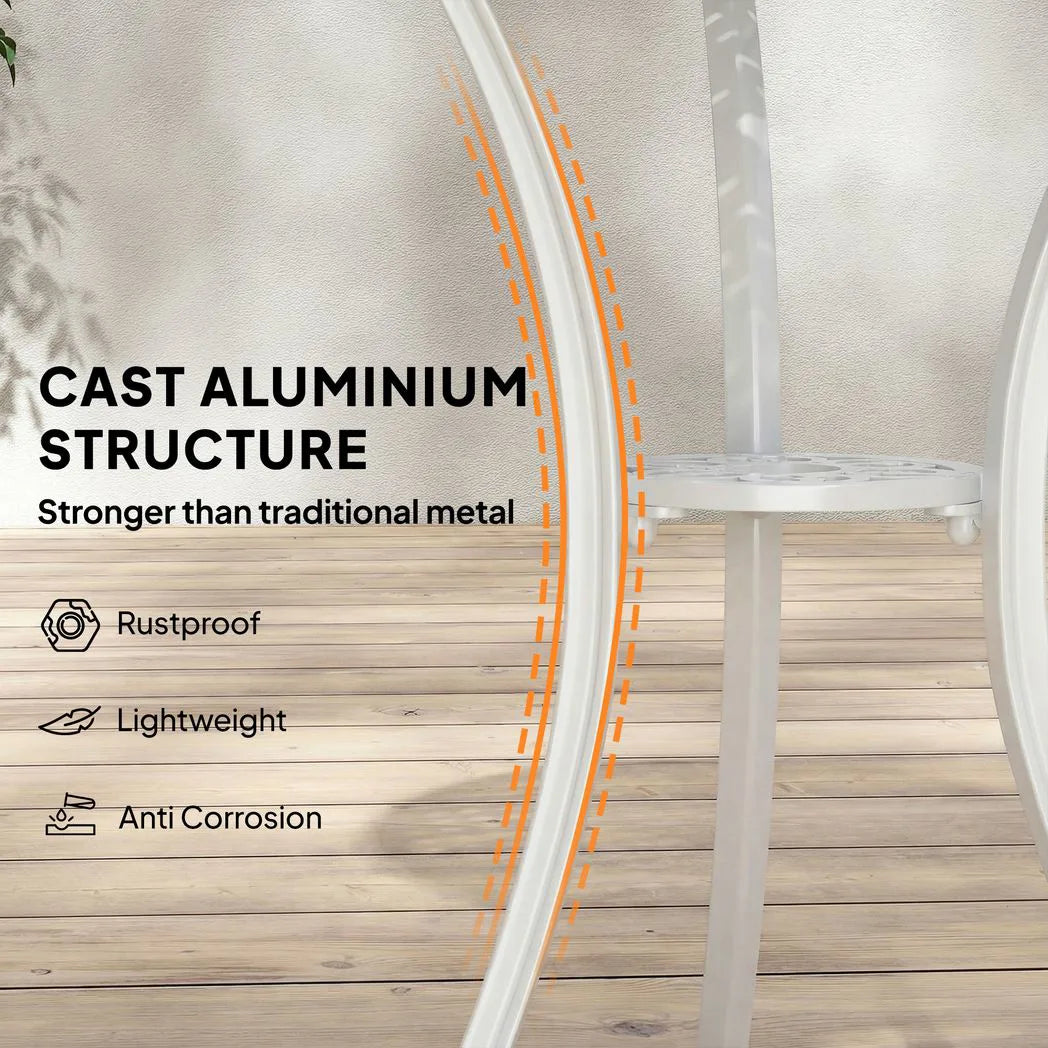 Outsunny 3 Piece Cast Aluminium Garden Bistro Set with 2 Chairs and Round Table with Parasol Hole, White