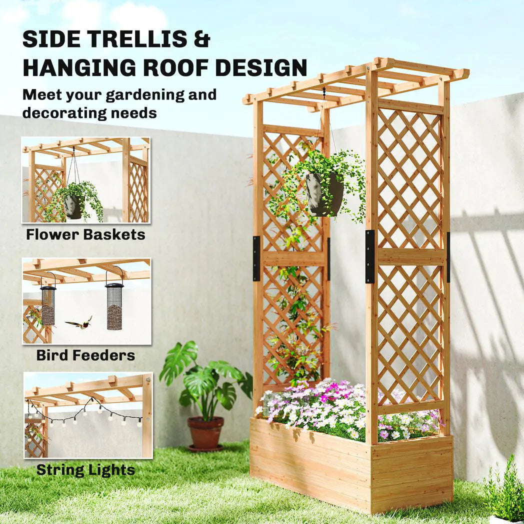 Outsunny Fir Wood Raised Garden Bed with Trellis Sides and Hanging Rail – 110 x 44 cm Planter