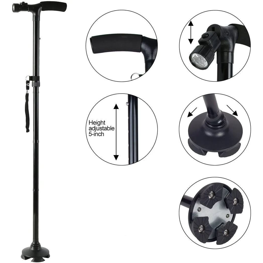 Folding Walking Stick with LED Light, 5 Adjustable Heights & Pivot Base – Hiking & Travel Cane, Black