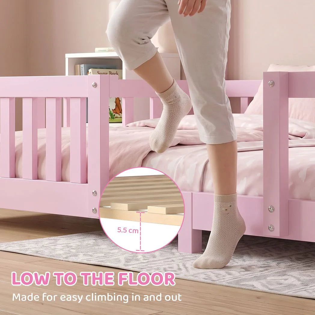 AIYAPLAY Wooden House Kids Single Bed with Dual Guardrails – Solid Pine, Pink, Fits 90 x 200 cm Mattress