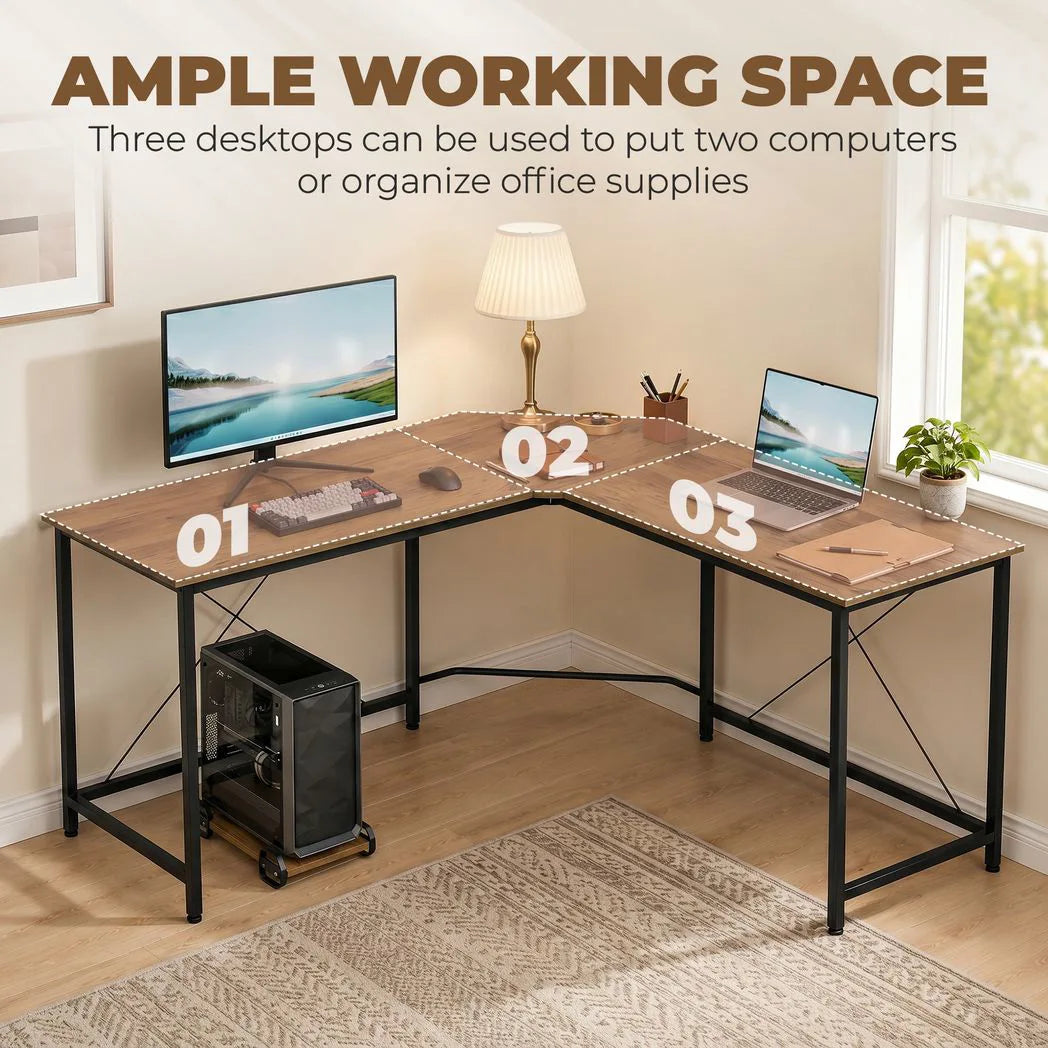 HOMCOM L-Shaped Corner Computer Desk with 3 Worktops, Wood-Effect Top – Home Office Gaming Workstation