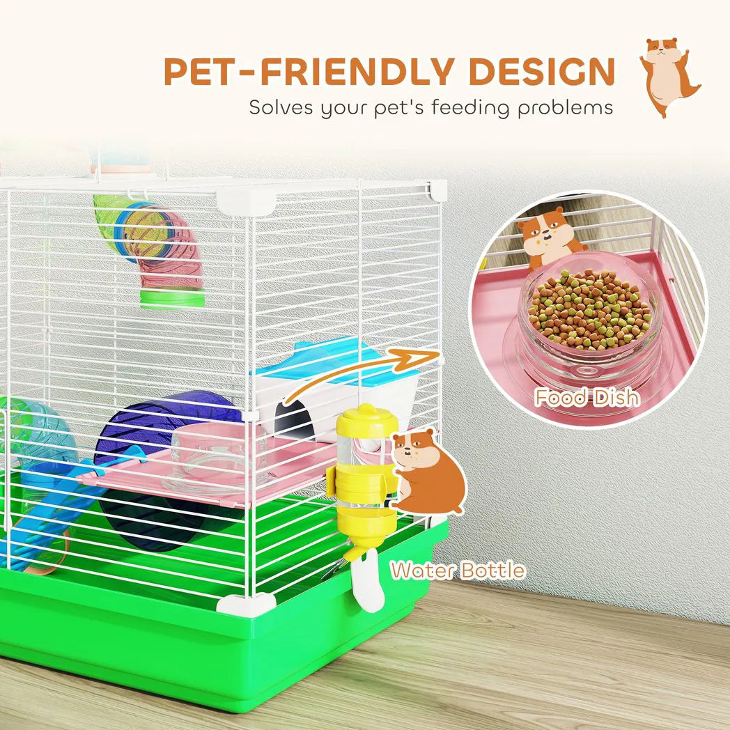 PawHut 2 Tier Hamster Cage with Handle, Exercise Wheel and Tunnel – Small Pet Home for Dwarf Hamsters