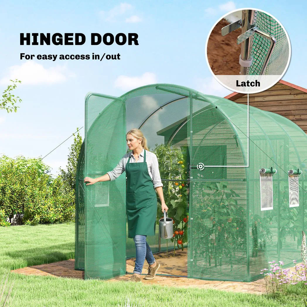 Outsunny 2 x 3m Walk-In Polytunnel Greenhouse with Hinged Door and 6 Roll-Up Windows – Garden Tunnel, Green