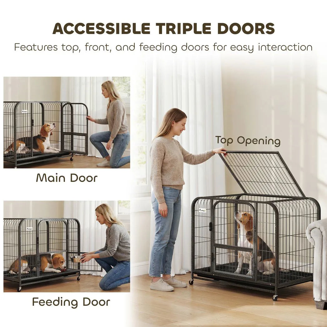 PawHut Heavy Duty Dog Crate, 93 x 58 x 76 cm – Triple Door Dog Cage with Wheels for Small to Medium Breeds
