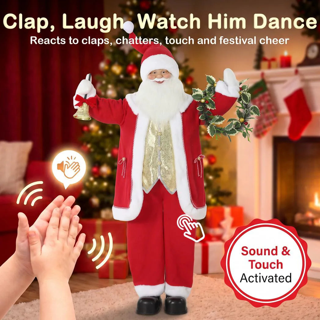 HOMCOM 150cm Life-Size Singing Santa Claus with Bell & Wreath – Animated Sound/Touch Christmas Decoration