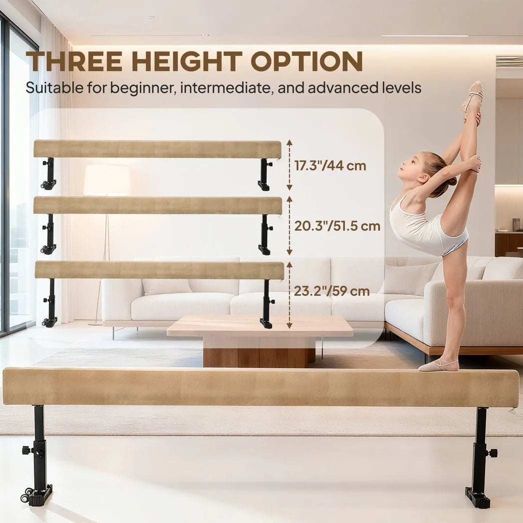 HOMCOM 7.5ft Adjustable Balance Beam with Wheels & 3 Height Settings – Gymnastics Training Beam for Ages 6+