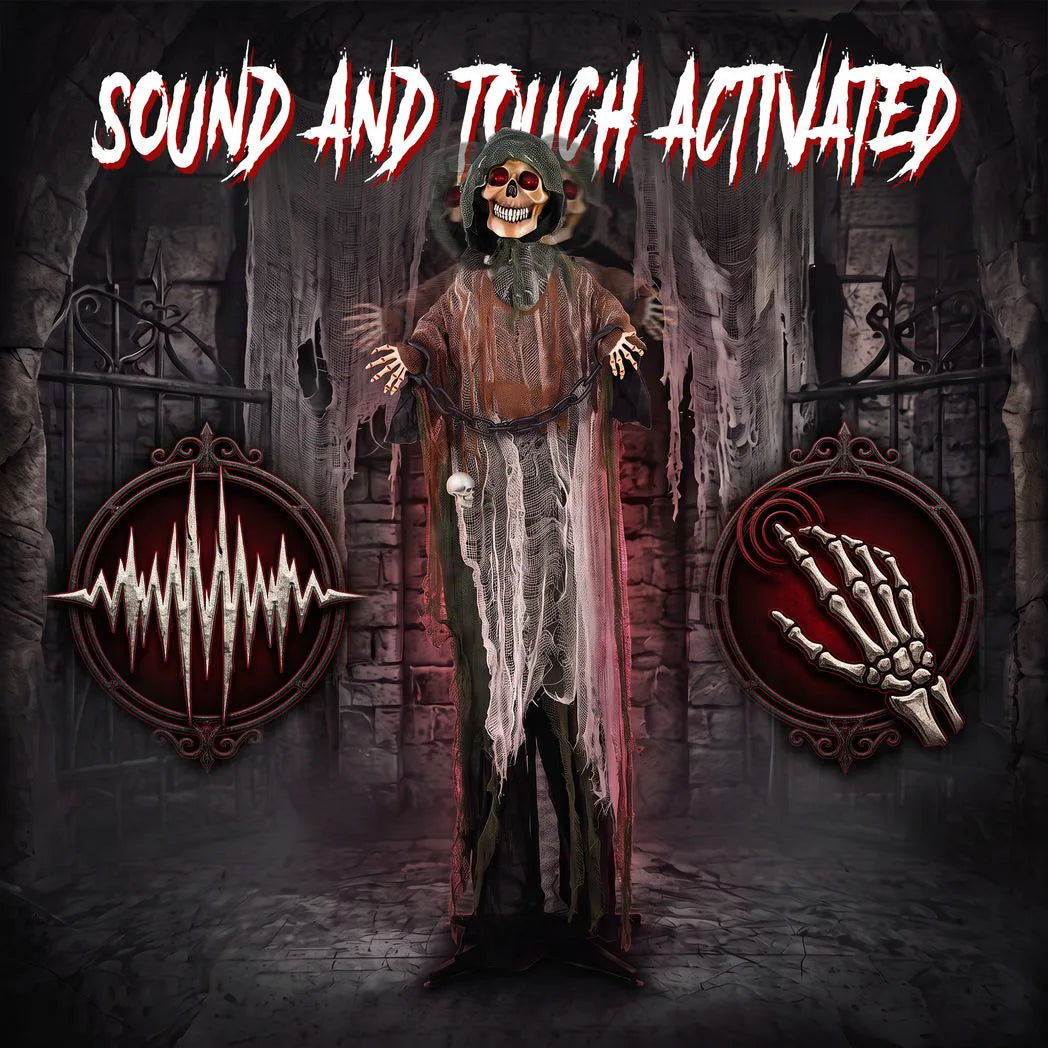 HOMCOM 170cm Animated Grim Reaper with Moving Head & Hands, Glowing Eyes and Sound – Halloween Animatronic Decoration