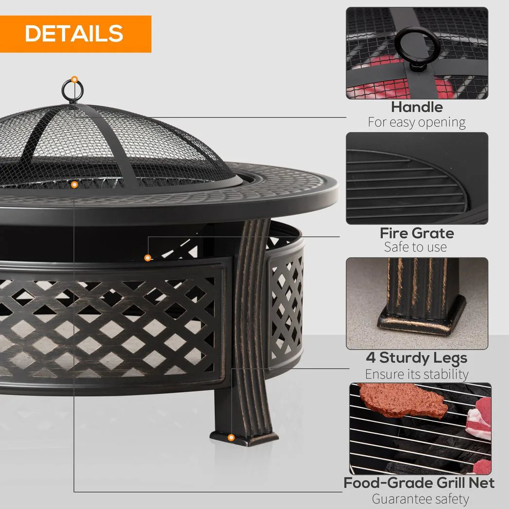 Outsunny 2-in-1 Outdoor Fire Pit with Grill Net, Mesh Lid and Poker – Camping and Bonfire, Bronze Tone