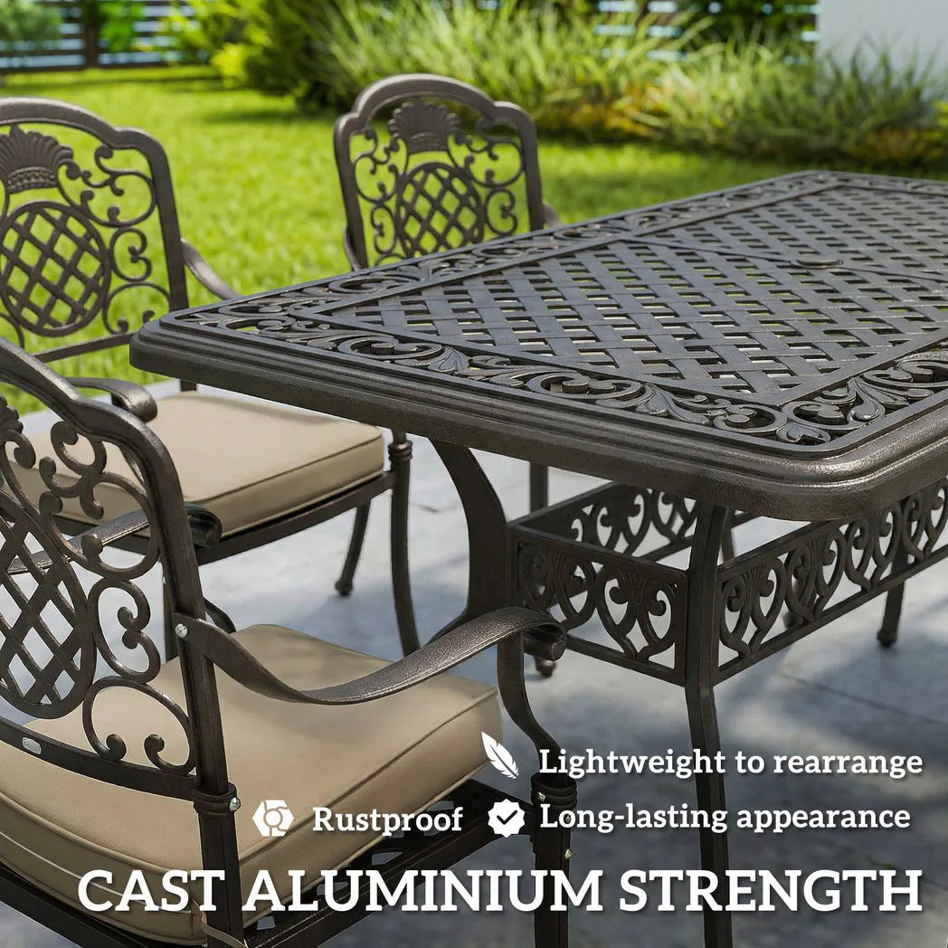 Outsunny 7-Piece Cast Aluminium Garden Dining Set for 6 with Cushions & Parasol Hole – Bronze Tone