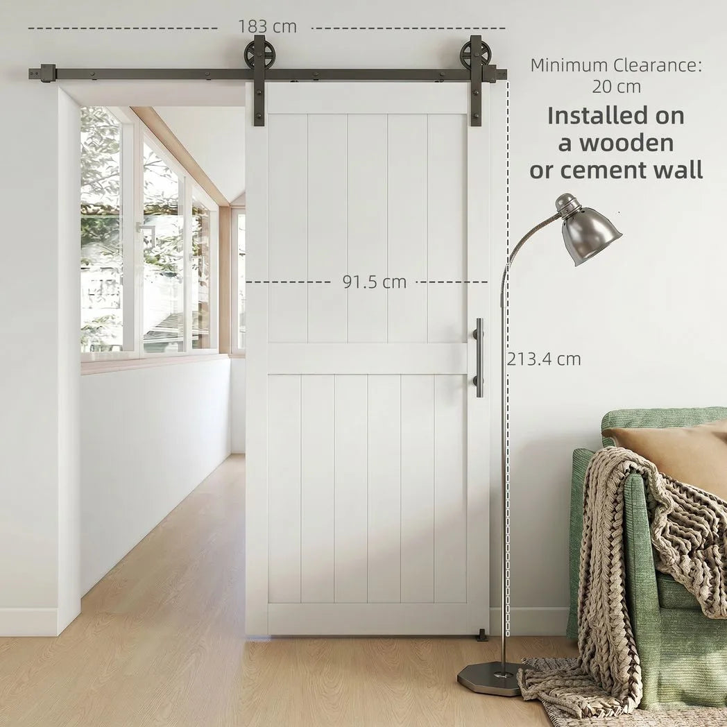 HOMCOM 183cm Sliding Barn Door Kit with Track, Rollers, Floor Guide and Handle – Space-Saving PVC-Coated Door, White