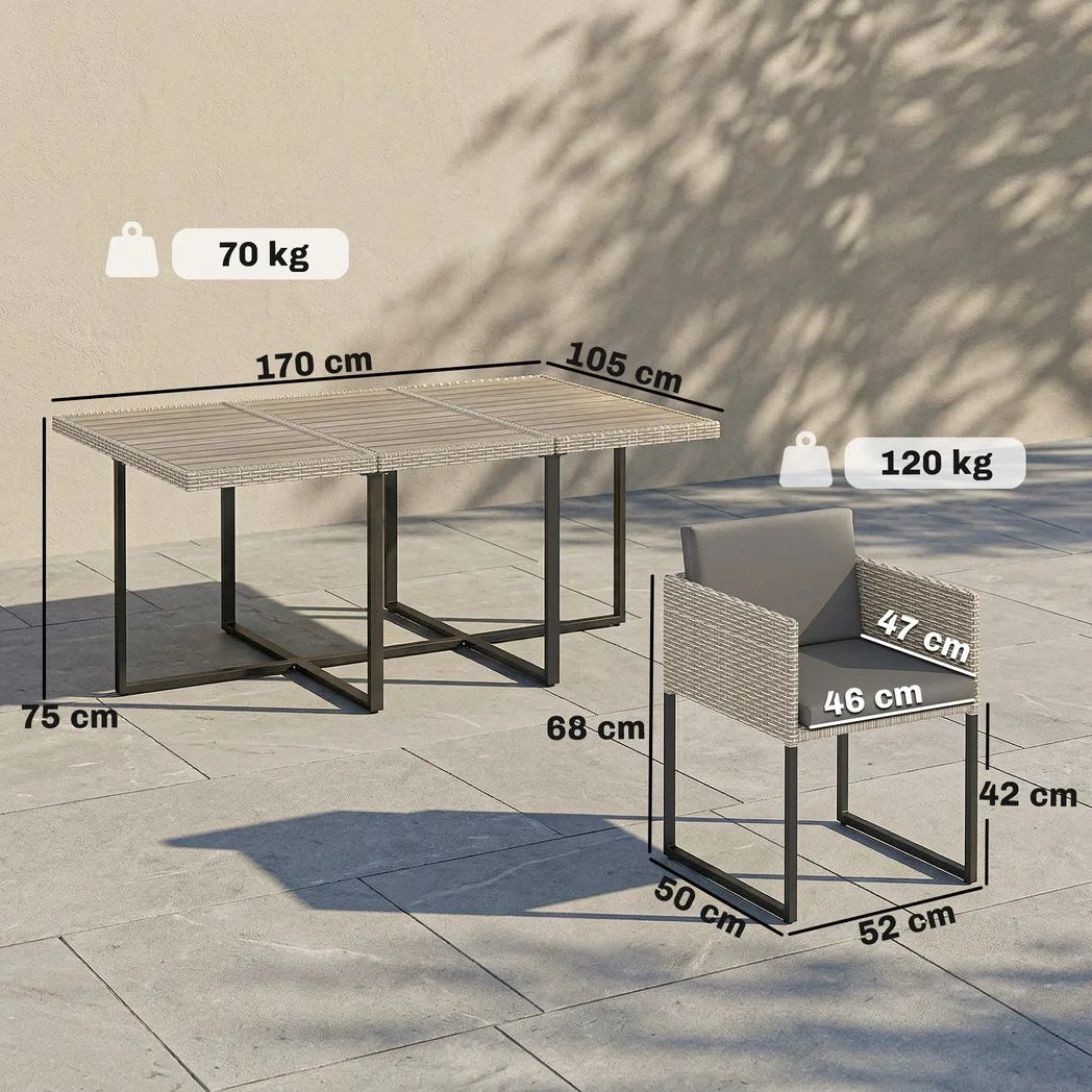 Outsunny 7 Piece Rattan Garden Dining Set with Wood-Plastic Table, 6 Stackable Chairs – Light Grey