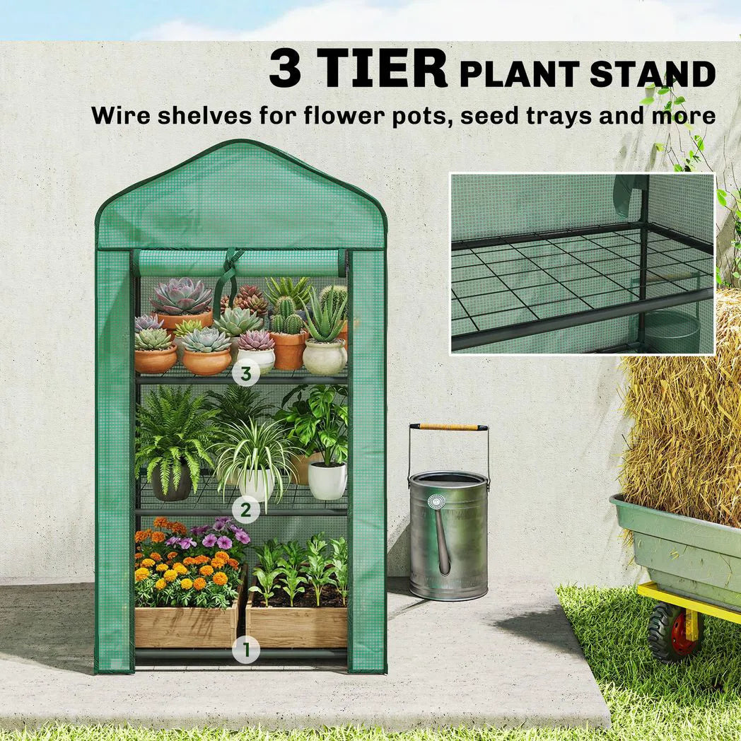 Outsunny Three-Tier Mini Greenhouse with Steel Frame, PE Cover & Roll-Up Door – Portable, Green