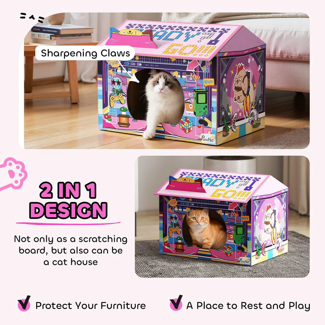PawHut 2-in-1 Gaming-Style Cardboard Cat House with Scratching Board and Catnip – Indoor Cat Scratcher, Pink