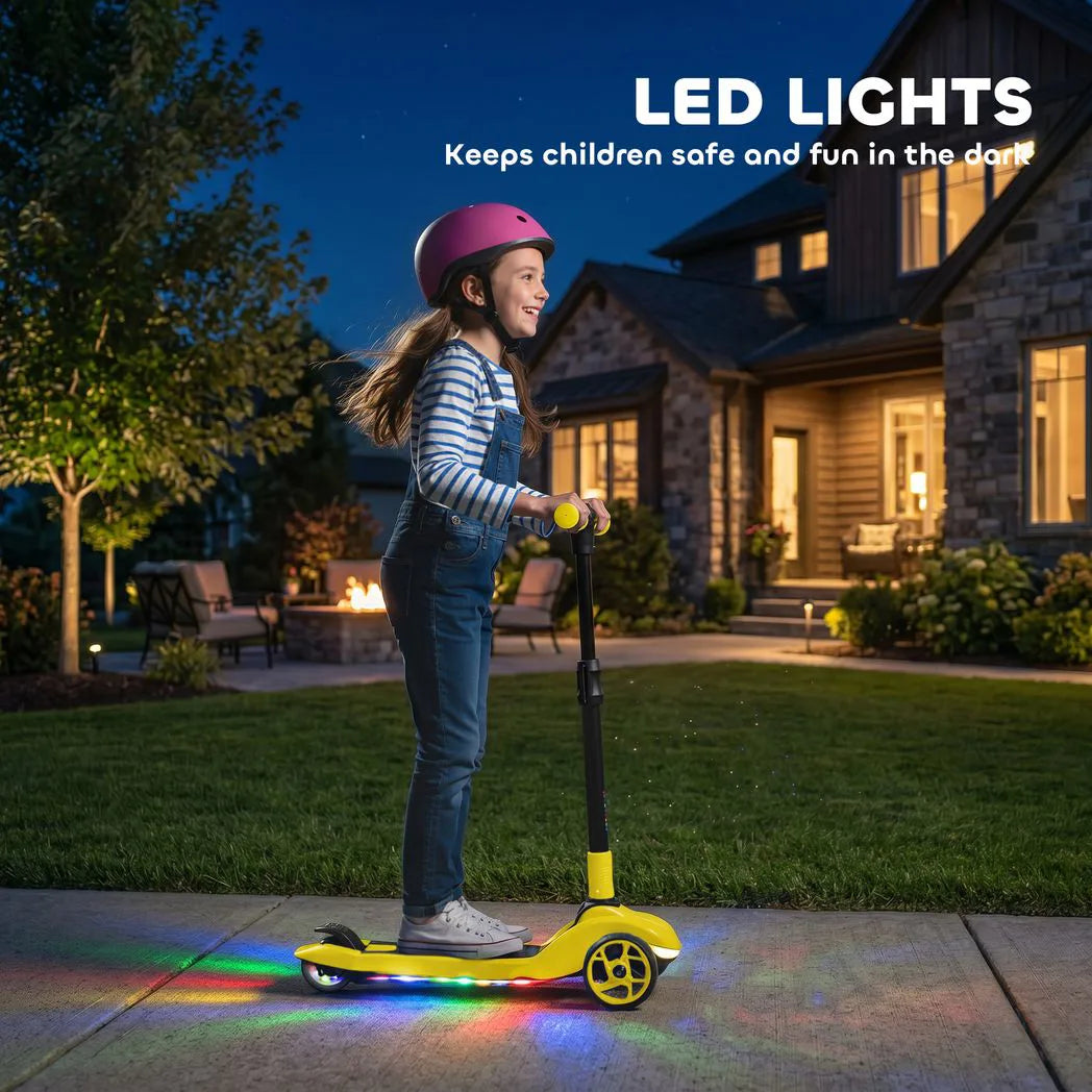 AIYAPLAY Foldable Three-Wheel Electric Scooter with LED Lights, Adjustable Handlebar – Kids Ages 6-10, Yellow