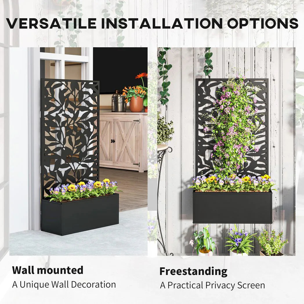 Outsunny Metal Raised Garden Bed with Trellis and Privacy Panel – Wall-Mounted or Freestanding Planter, Black