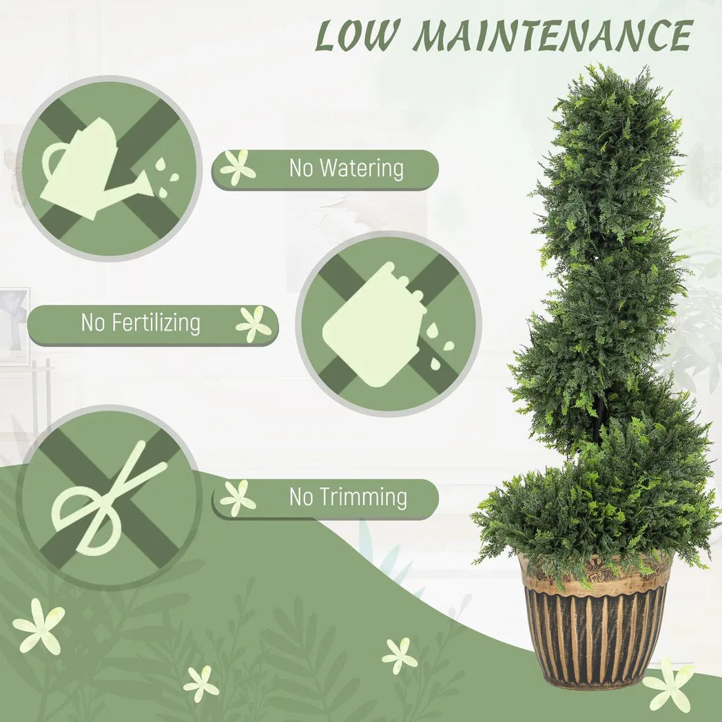 HOMCOM Set of 2 Artificial Plants, Topiary Spiral Boxwood Cypress Trees with Pot