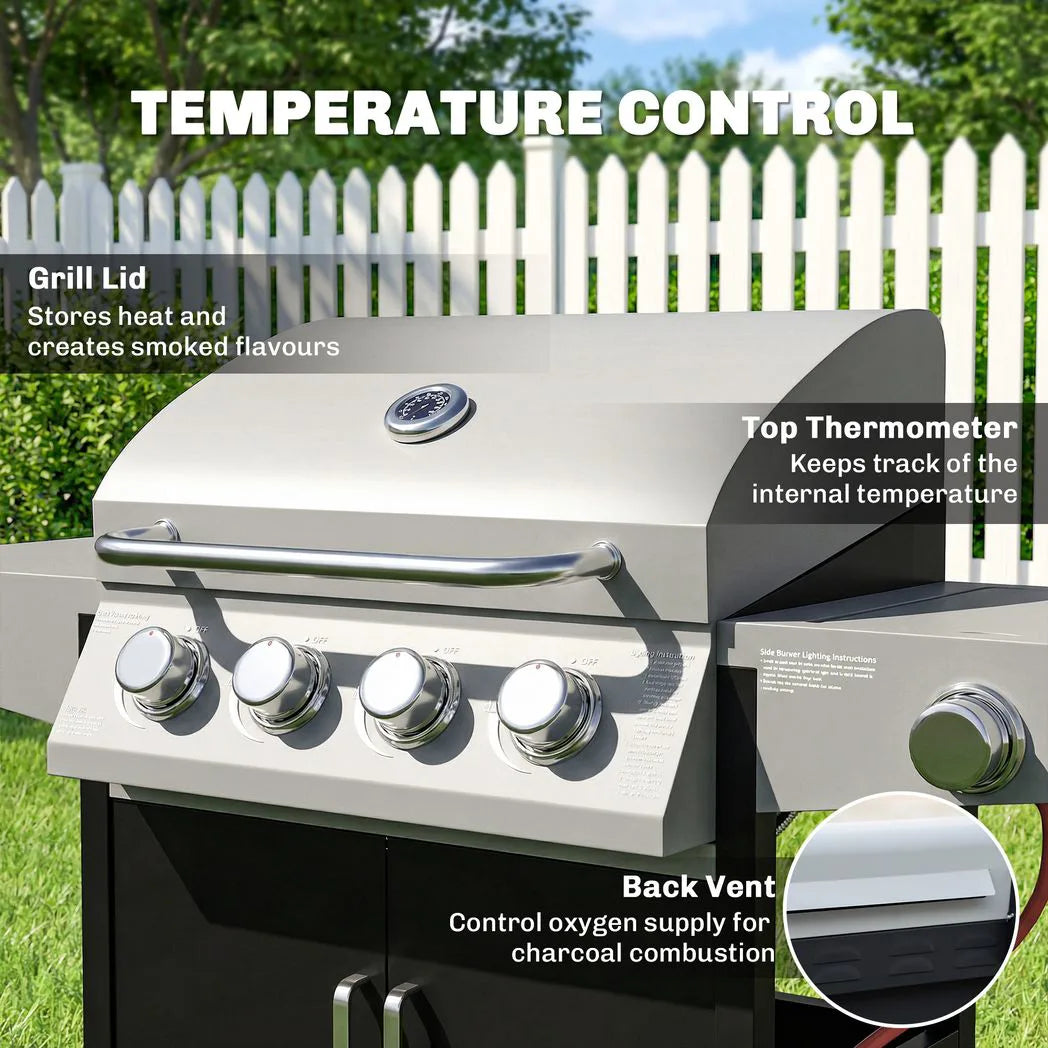 Outsunny 4 Burner Gas BBQ Grill with Side Burner, Lid & Built-in Thermometer – Portable Steel Propane Barbecue on Wheels