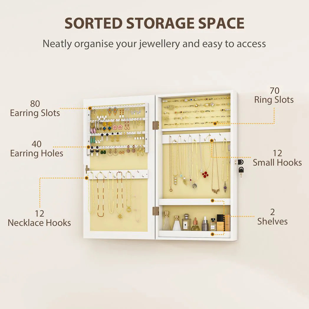 HOMCOM Wall-Mounted Jewellery Cabinet with Mirror, Lockable Storage with 80 Earring Slots and Hooks, White