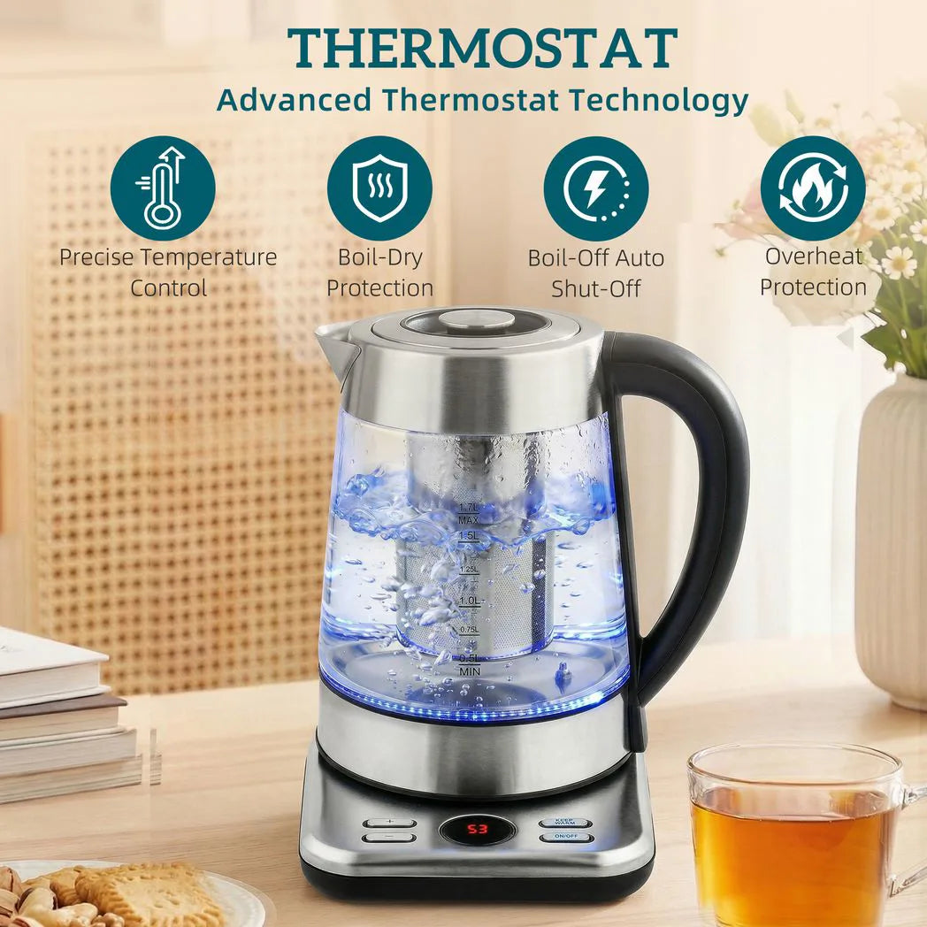 HOMCOM 1.7L Glass Electric Kettle, 3kW Fast Boil with Strix Thermostat, Tea Infuser and Keep Warm Function