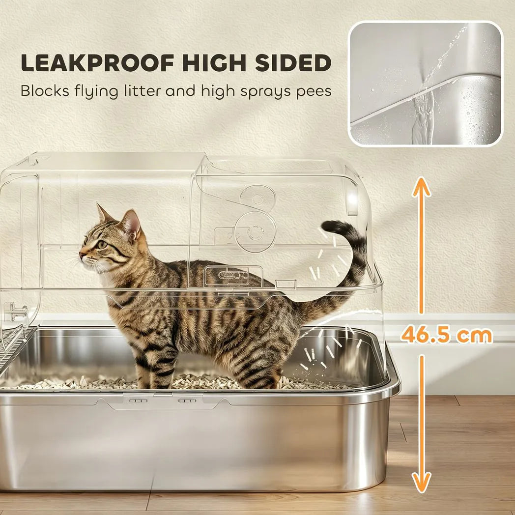 PawHut XXL Stainless Steel Cat Litter Box with 90° Flip Cover, Double Doors & Scoop – Enclosed, Grey