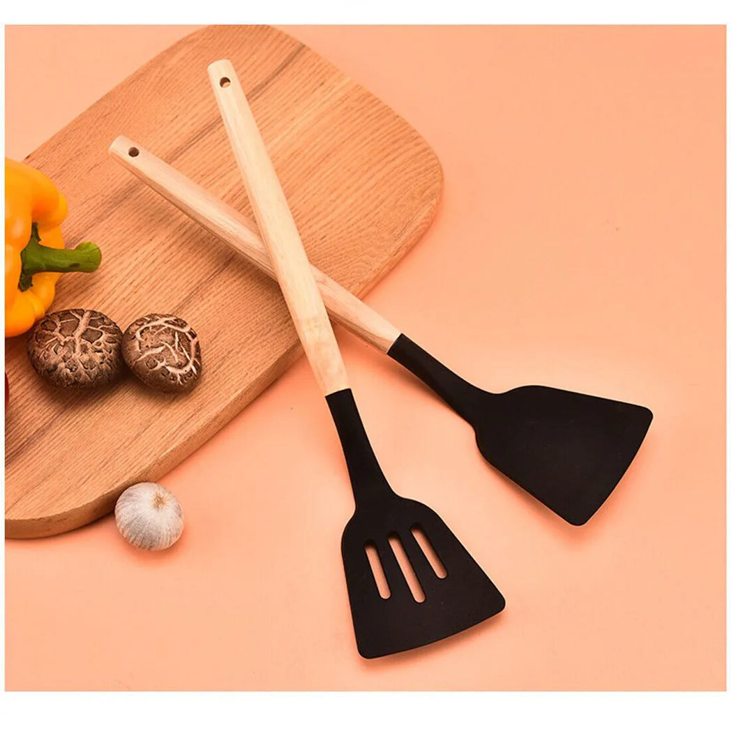 12 Piece Silicone Kitchen Utensil Set with Wooden Handles – Non-Stick Spatula, Ladle, Tongs & Whisk, Black