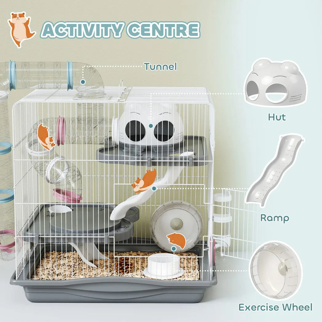 PawHut 3-Tier Hamster Cage with Exercise Wheel, Tunnels and Water Bottle – Habitat for Dwarf Hamsters, Grey