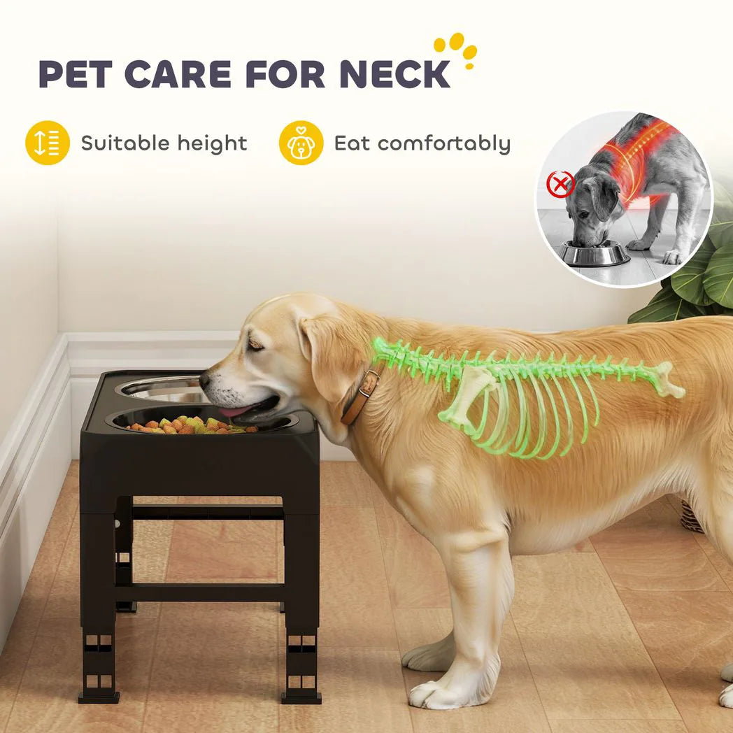 PawHut Raised Dog Bowl with Slow Feeder and 4 Adjustable Heights – Foldable Elevated Feeding Stand
