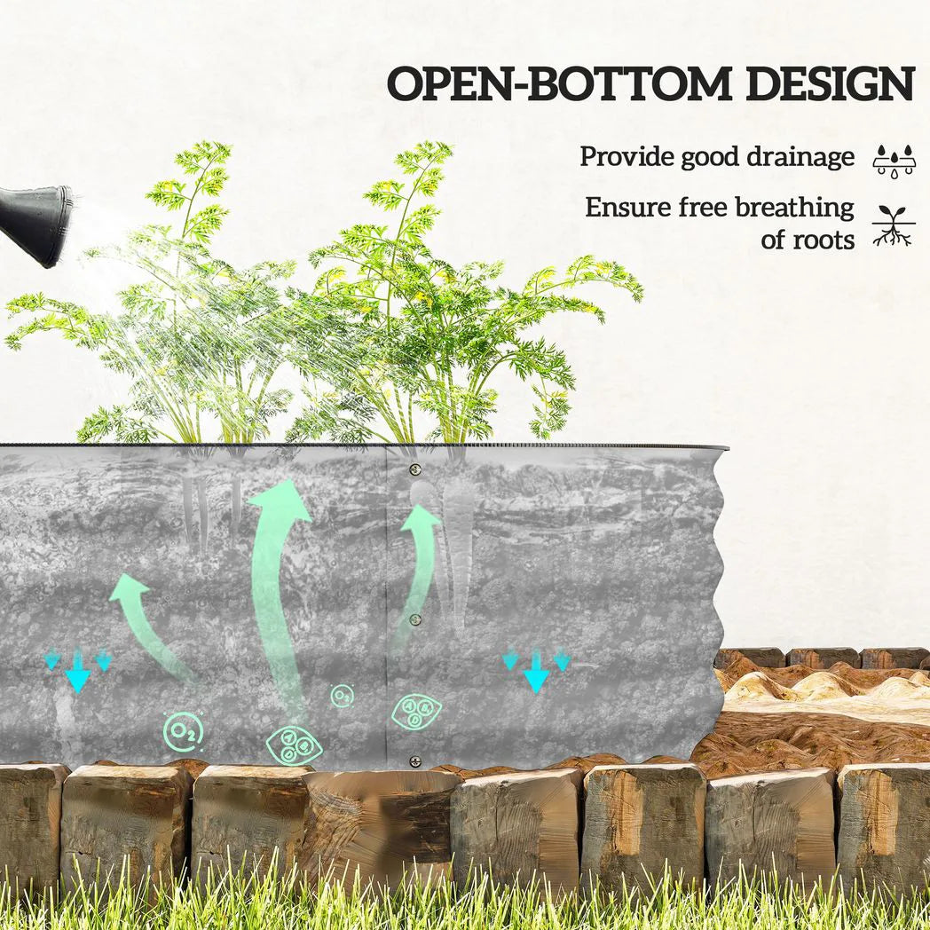 Outsunny Galvanised Steel Raised Garden Bed with Safety Edging, 150 x 62cm – Flowers and Herbs, Silver