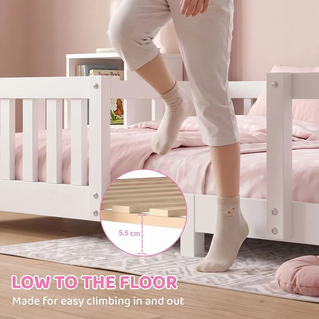 AIYAPLAY Wooden House Kids Single Bed with Dual Guardrails – Solid Pine, White, Fits 90 x 200 cm Mattress