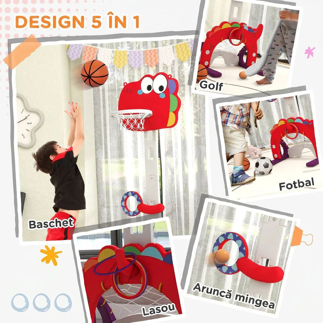 AIYAPLAY 5-in-1 Dinosaur Basketball Set with Adjustable Stand, Golf & Ring Toss – Indoor Kids Sports Toy, Red