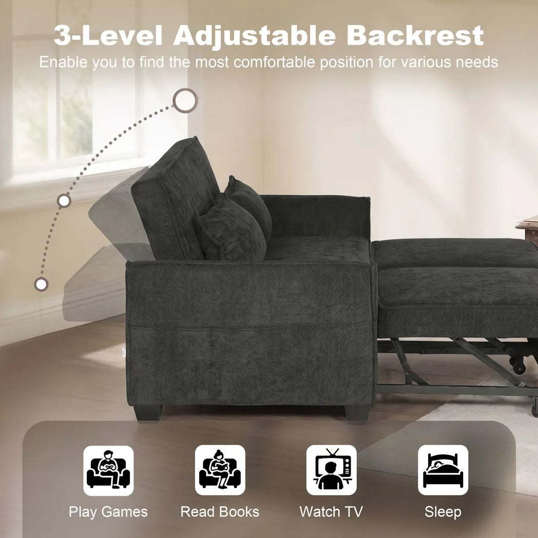 HOMCOM 2 Seater Sofa Bed, 4-in-1 Convertible with Dual Pull-Out Beds – Chenille Sleeper Sofa, Black