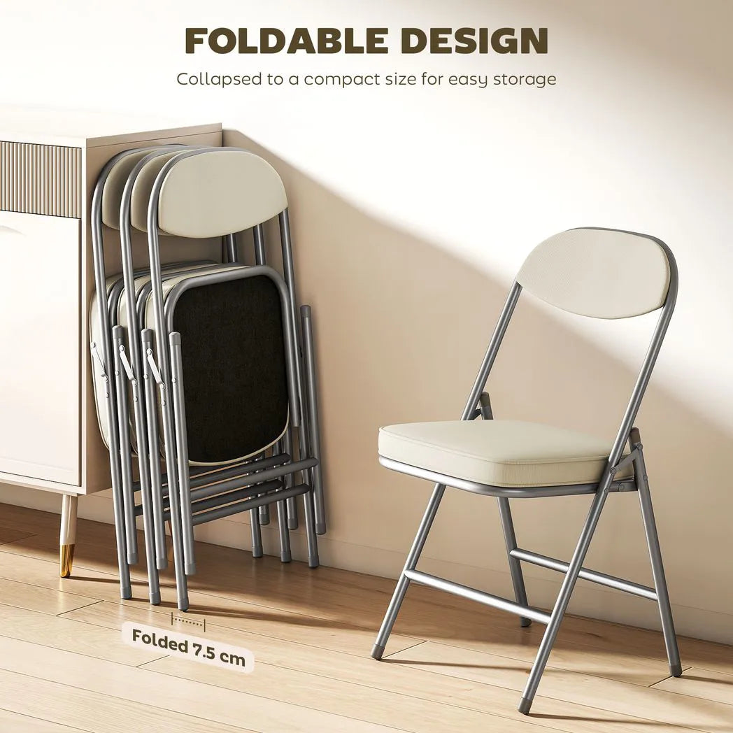HOMCOM Set of 4 Folding Dining Chairs with Padded Corduroy Seat and High Back – Space-Saving Steel Frame, Cream