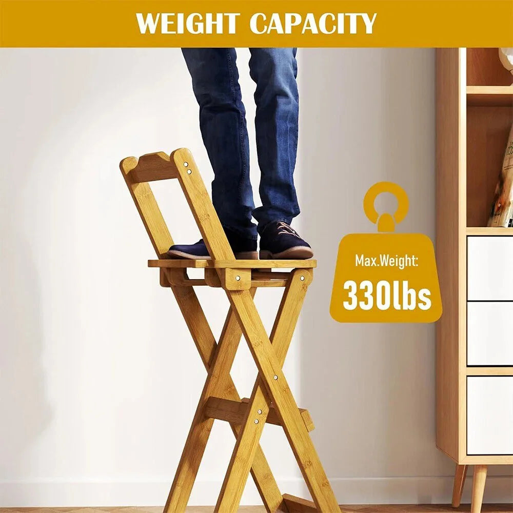 Foldable Bamboo Bar Stool with Backrest – Counter Height Kitchen Stool, Space-Saving Folding Design